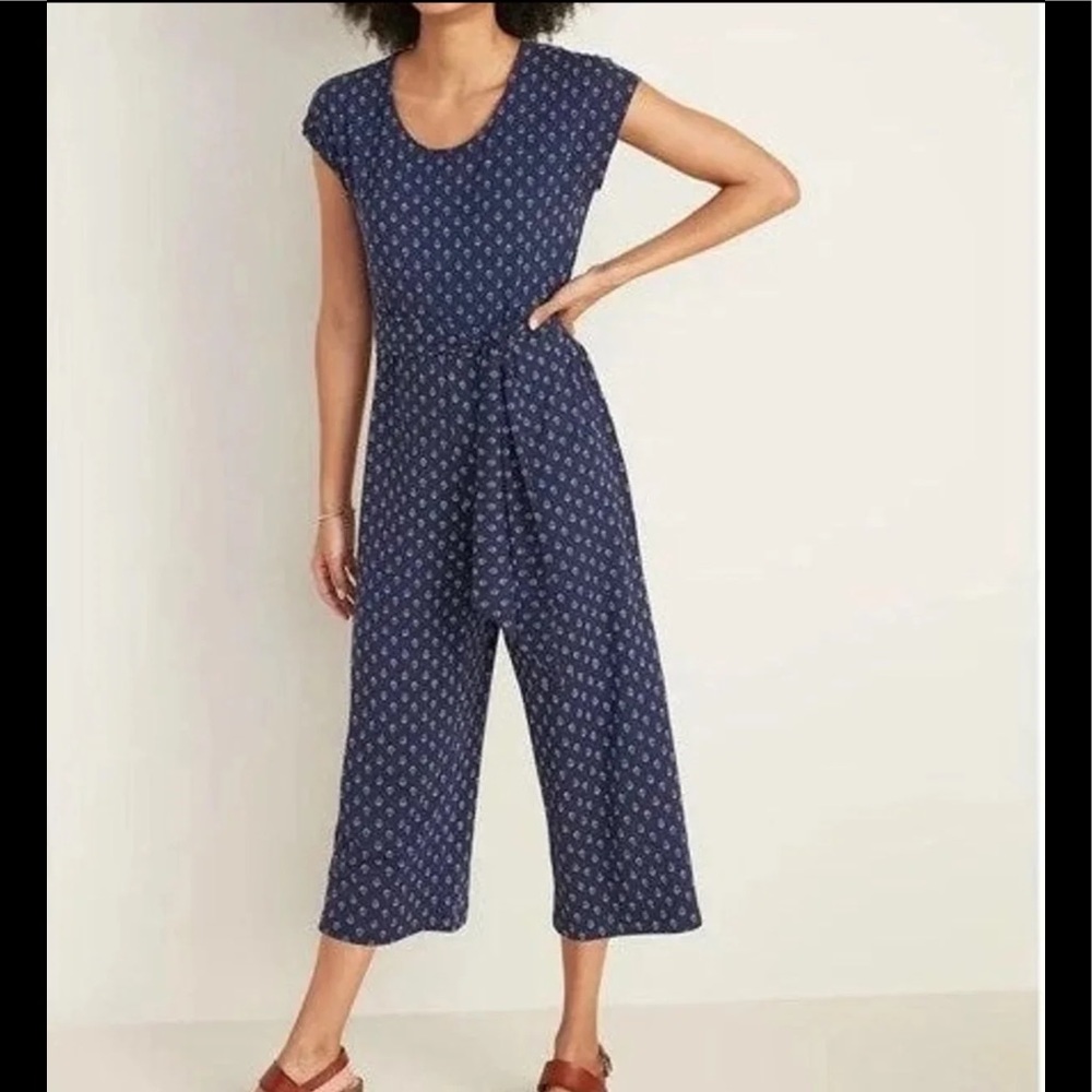 Old Navy Navy Blue Printed Cap-Sleeve Jumpsuit